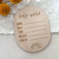 Wooden hello world birth details plaque 