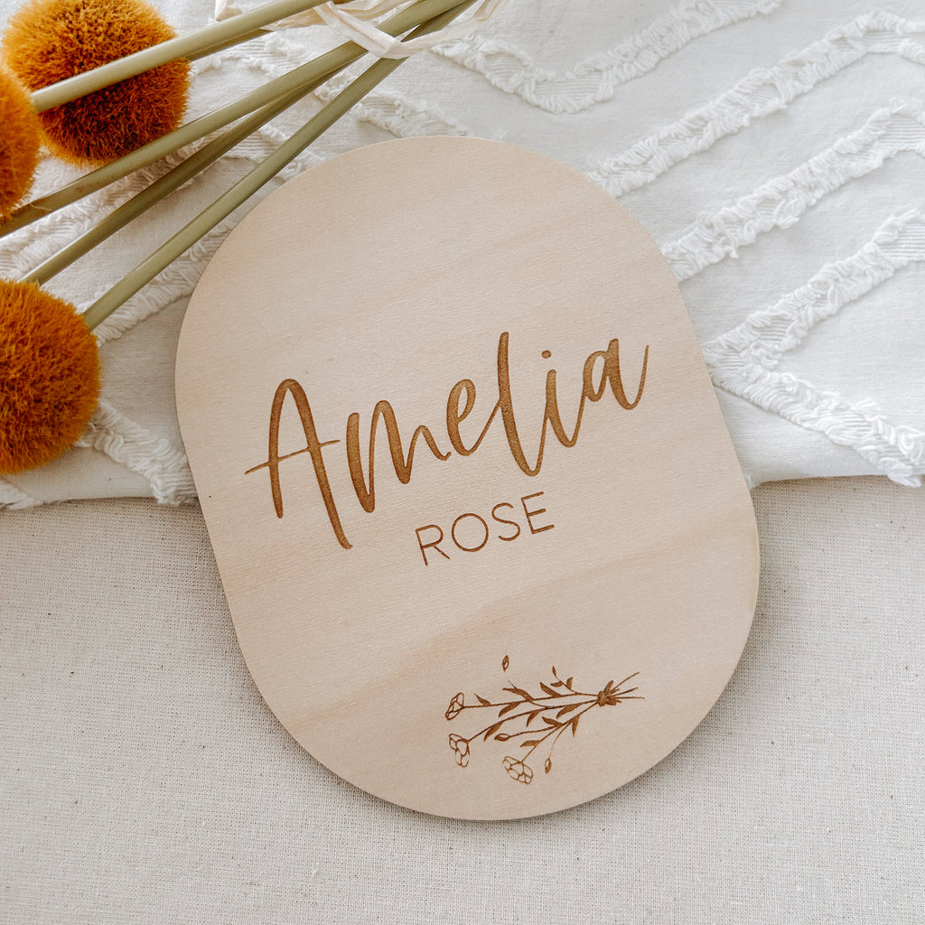 Baby birth announcement sign wooden name plaque personalised with engraved wildflower design 