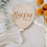 Wooden balloon engraved baby name plaque