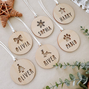 Personalised wooden family name Christmas baubles 