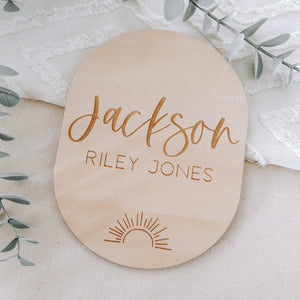 Baby birth announcement sign wooden name plaque personalised with engraved Sunrays design 