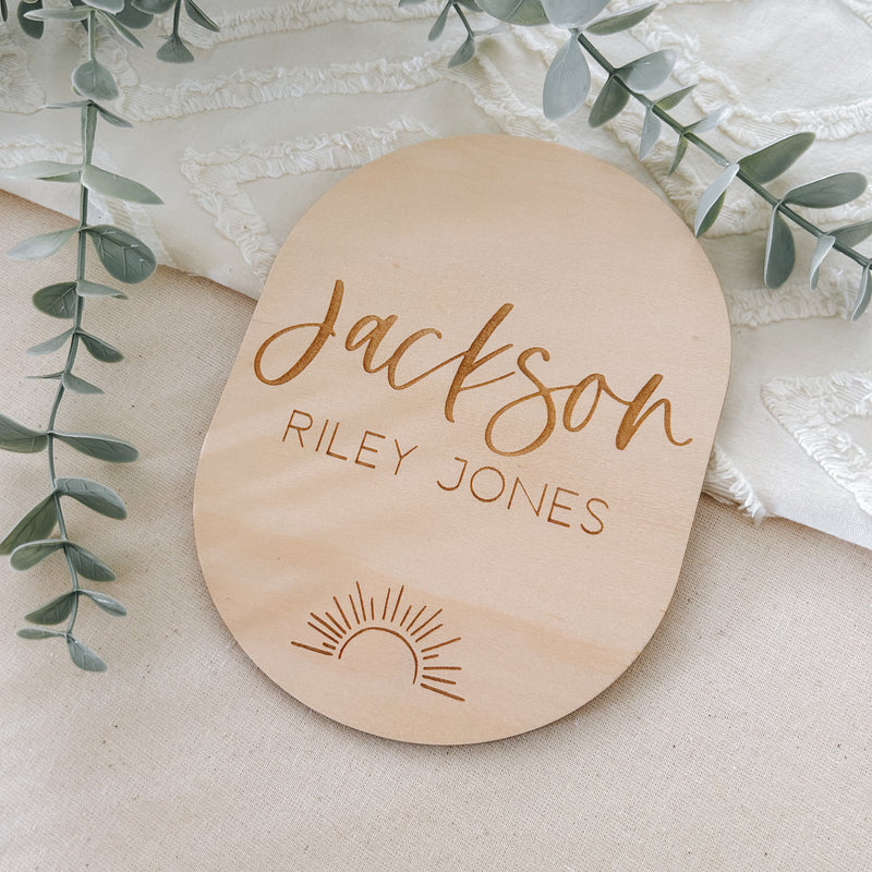 Baby birth announcement sign wooden name plaque personalised with engraved Sunrays design 