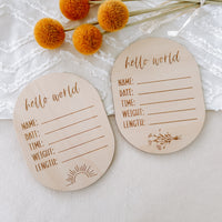 Wooden hello world birth details plaque 