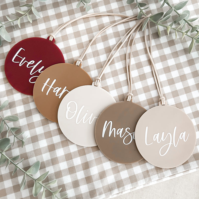 Colour beige acrylic personalised ornaments boho style baubles with family names 