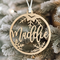 Personalised wooden Christmas bauble script name