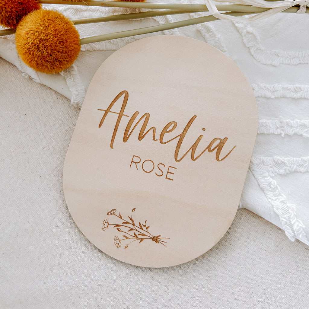 Baby birth announcement sign wooden name plaque personalised with engraved wildflower design 