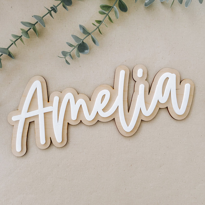 double Layer name plaque with wood and white acrylic