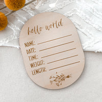 Wooden hello world birth details plaque 