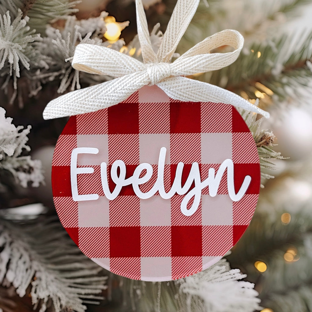 Personalised red gingham Christmas bauble 