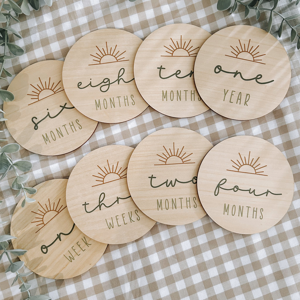 wooden timber baby milestone disc set for new baby gift