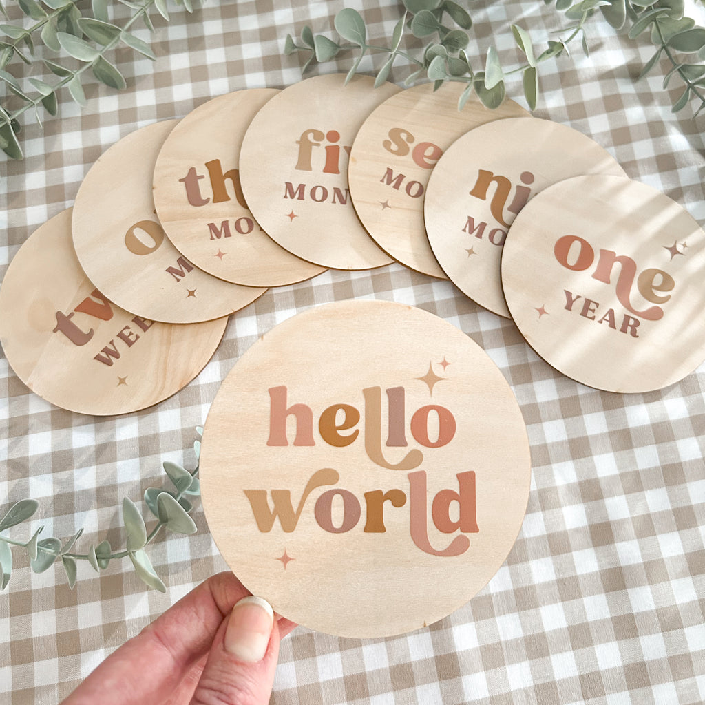 milestone discs new baby gift timber boho retro