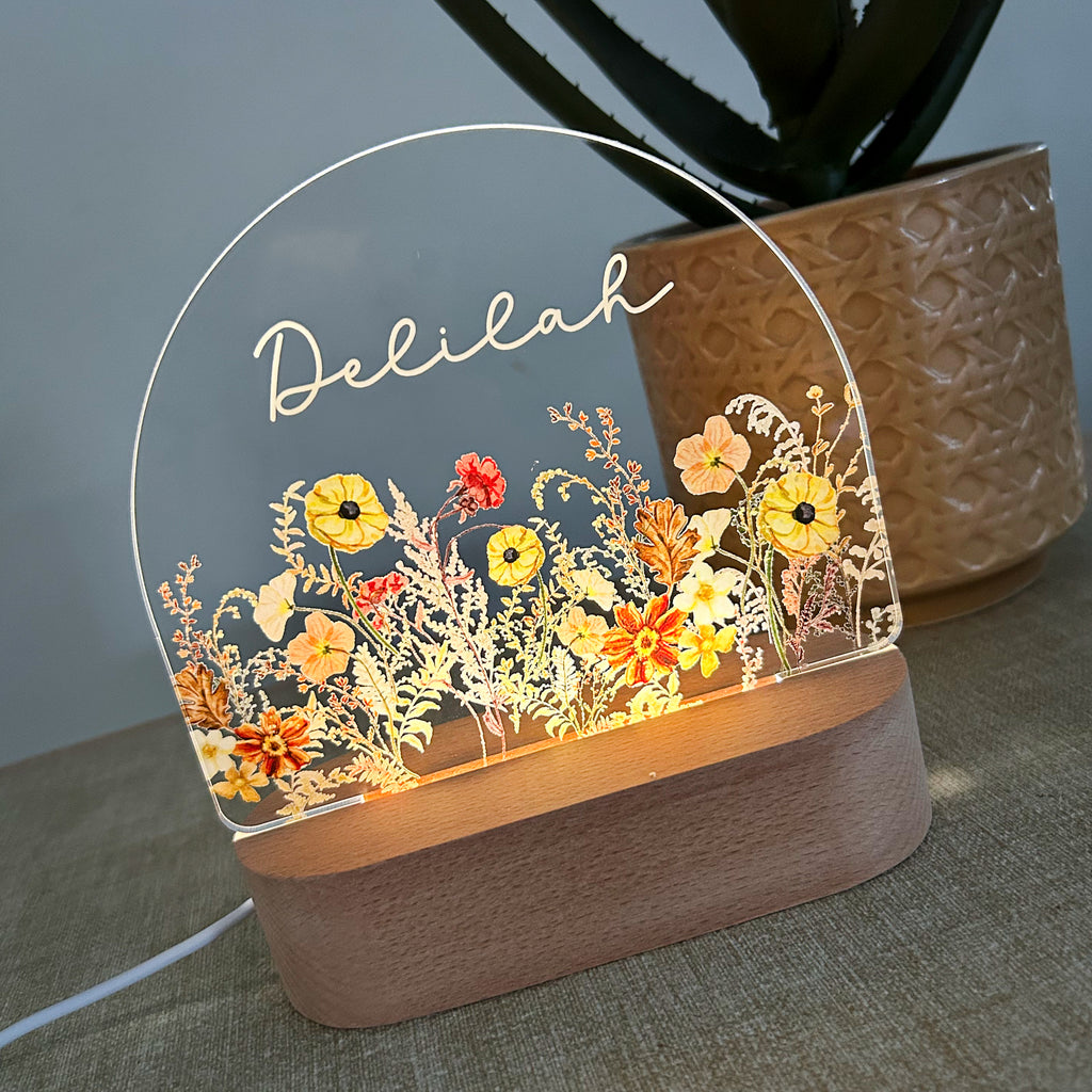 Personalised arch night light lamp with name flowers for girls room or nursery