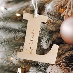 Personalised wooden Xmas bauble letter engraved name 