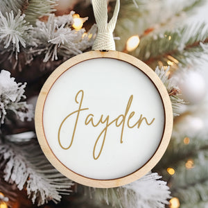 Personalised luxury wooden acrylic Xmas bauble gold 