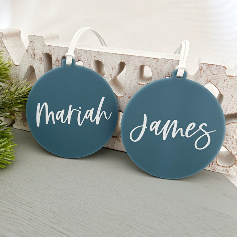 custom blue acrylic name christmas bauble